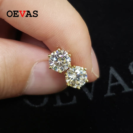 OEVAS Real 1 Carat D Color Moissatine Stud Earrings For Women 18K Gold Color 100% 925 Sterling Silver Wedding Party Fine Jewelry